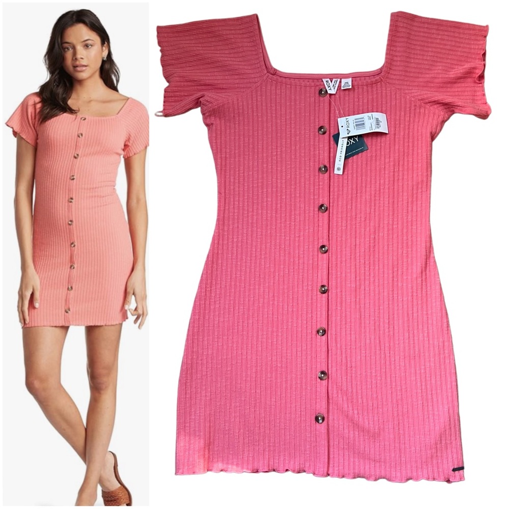 New Roxy Sandy Hills Womens Medium Beach Vacation Coral Rib Knit Tight Dress
